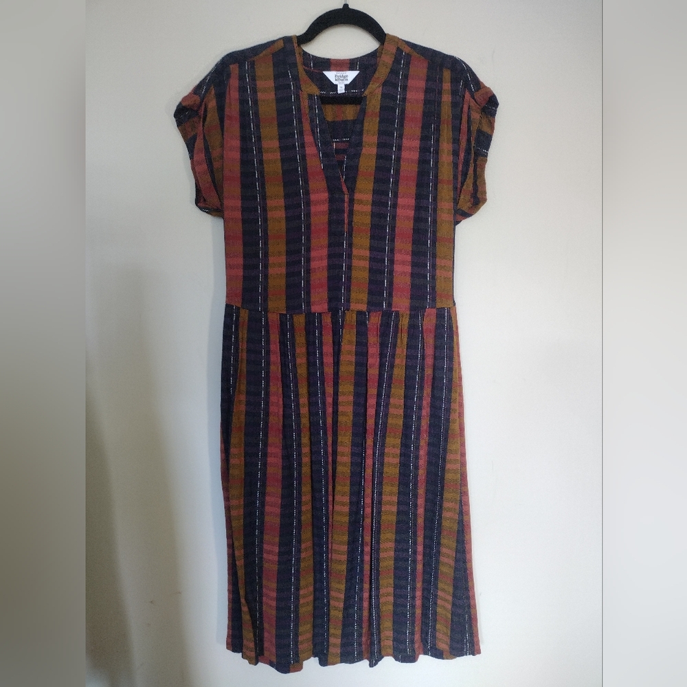 Striped Short-Sleeve Midi Dress in Rust Multi